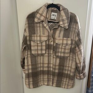 Zara Brown and Cream Teddy Jacket Cozy Oversized Fit